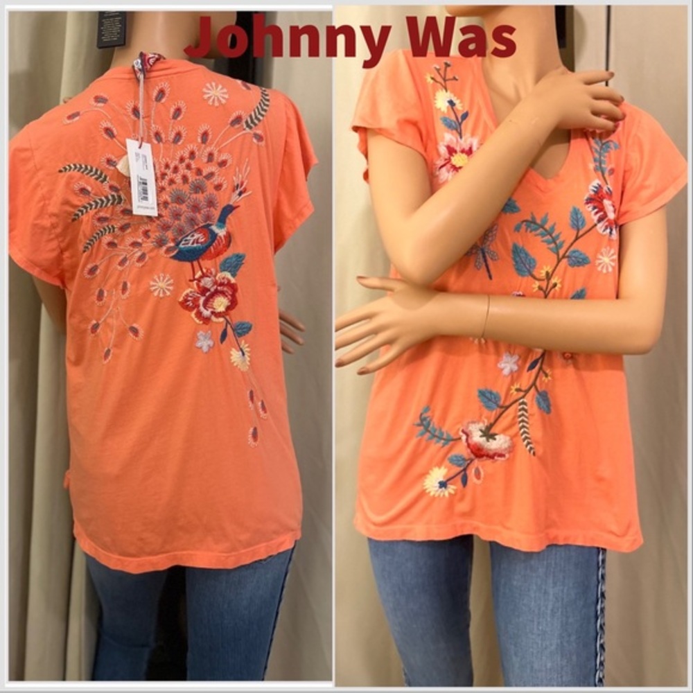 New Johnny Was GRACE FLUTTER SLEEVE TEE Embroidered Tee $130 M